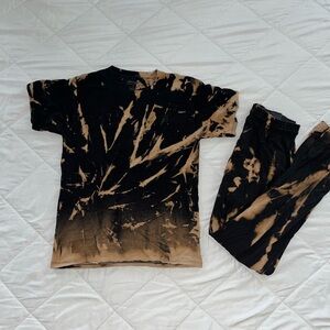 Black Champion T-Shirt and Sweatpants, Bleach Tie Dyed, Set in Small